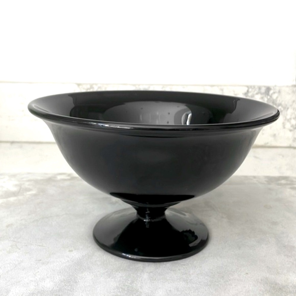 Vintage Milk Glass Black Ebony Pedestal Bowl 7.25” Width Excellent Condition EUC